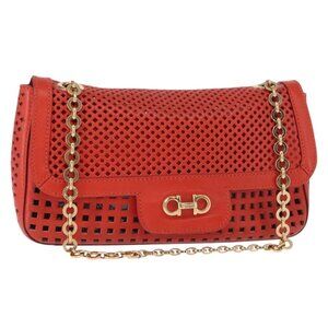 Authentic Salvatore Ferragamo Gancini Chain Shoulder Bag Leather Red Gold